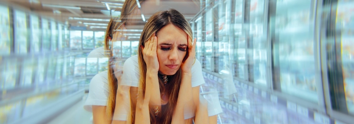 A woman holding her forehead. Everything is blurry around her.