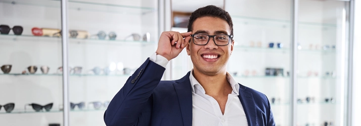 A man holding glasses to his face.